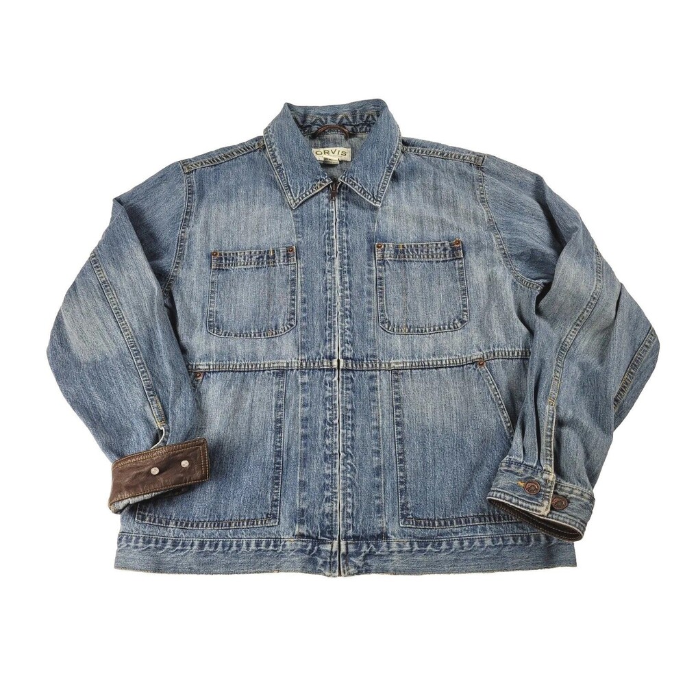 Orvis Women's Denim Jacket Leather Collar & Cuffs Full Zip Pockets Medium
